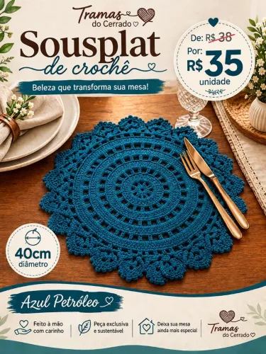 Sousplat de Crochê, 40cm, azul petróleo