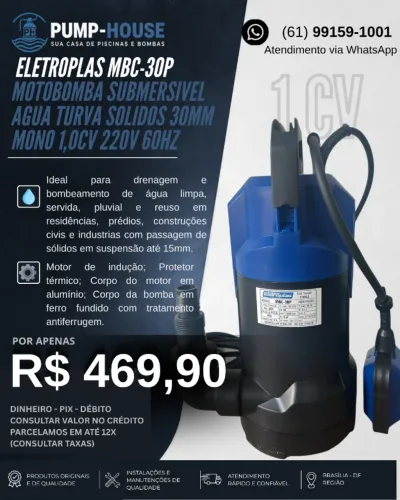 BOMBA P/ AGUA TURVA 1CV MBC-30 ELETROPLAS