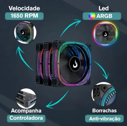 Kit Fan Com 3 Unidades Rise Mode Aura Pro Black, ARGB, 120mm, RM-AUB-02-ARGB