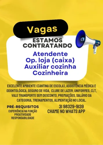 Vagas em cantina / restaurante de escola: caixa, atendente, cozinheira e auxiliar cozinha