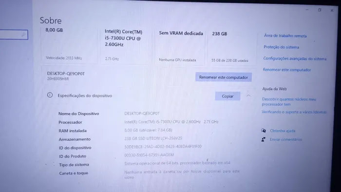 Notebook ThinkPad I5 8GB SSD 240