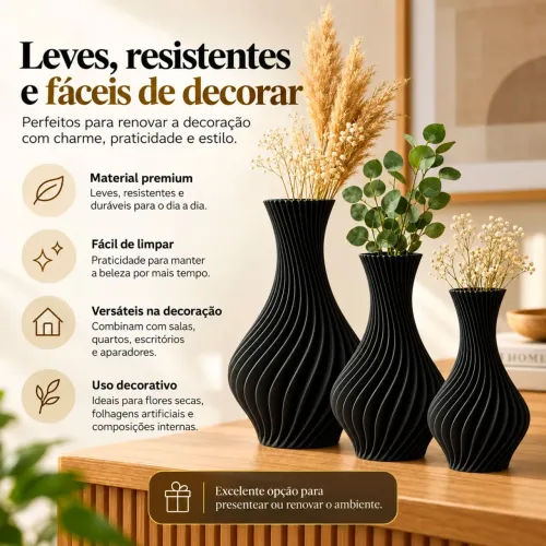 Kit 3 vasos decorativos em espiral preto ou dourado sala cozinha escritório