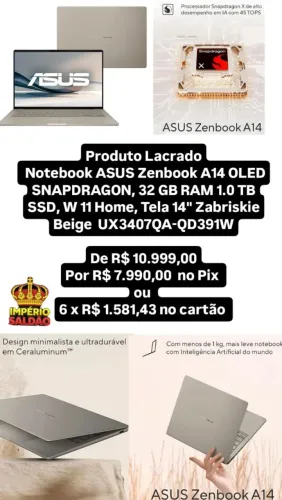 Notebook ASUS Zenbook A14 UX3407QA Snapdragon X 32GB Ram 1TB SSD Windows 11
