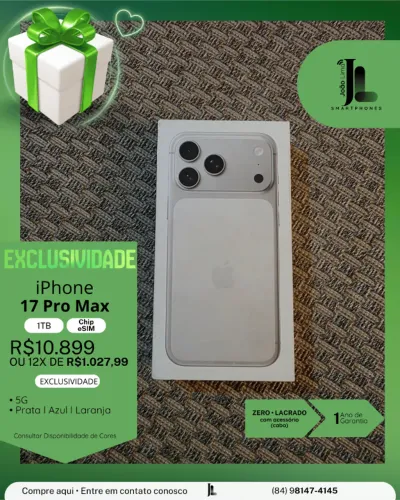 IPHONE 17 PRO MAX, 1TB, CHIP ESIM, SILVER(PRATA), LACRADO, LANÇAMENTO!