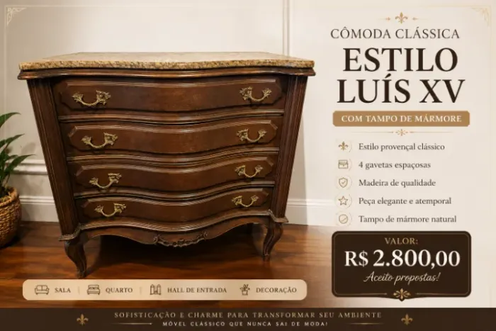 Cômoda Clássica Estilo Luís XV com Tampo de Mármore - Madeira Maciça Vintage