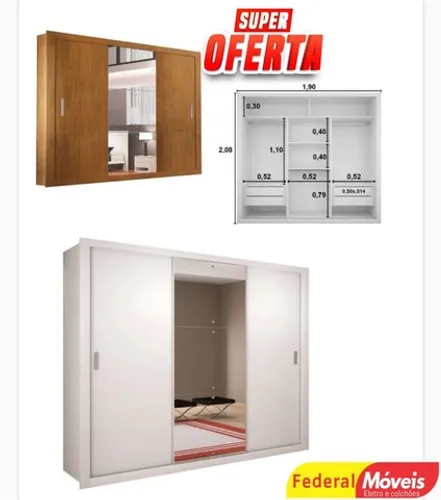 Guarda roupa casal 3 portas correr com espelho - novo de fábrica