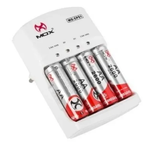 Carregador De Pilhas + 4 Pilhas 2600Mah Bivolt Auto Stop Mox-Cp51