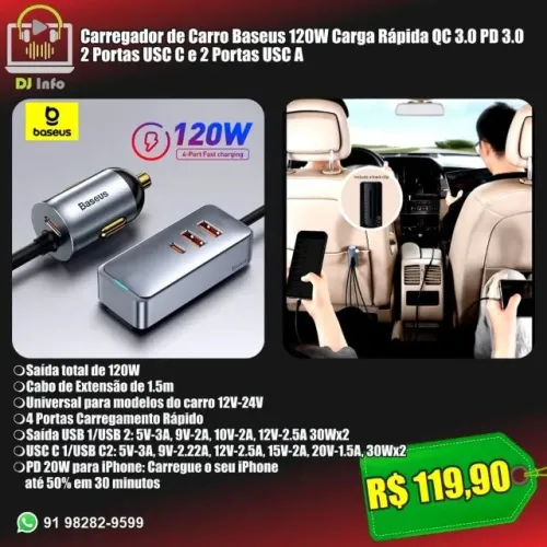 Carregador de Carro Baseus 120W Carga Rápida QC 3.0 PD 3.0 2 Portas USC C e 2 Portas USC A