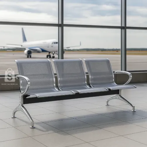 Longarina Aeroporto 3 Lugares Estrutura Cromada Design Moderno Conforto Modelo 33108