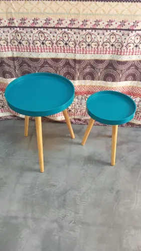 Conjunto Duas Mesinhas Em Madeira Redonda P/ Decoração Sala - Azul