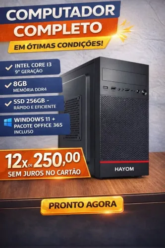 Pc completo core i3 9a ger, 8gb ddr4, ssd 256 windows 11 e pacote office