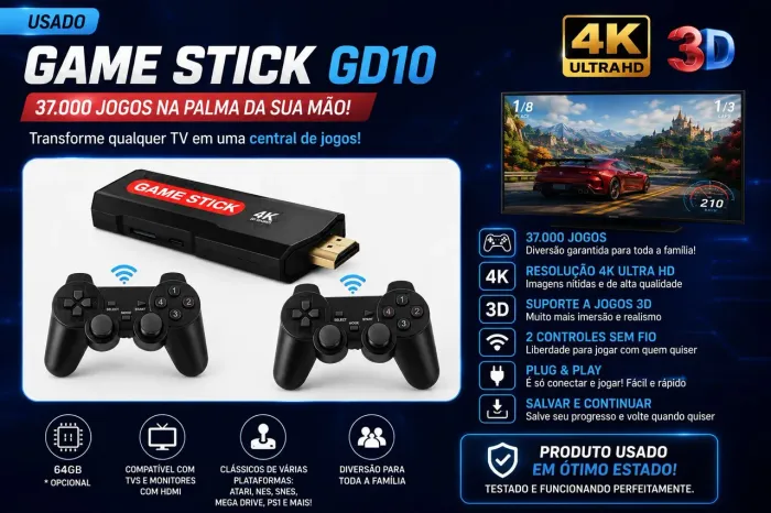 Game Stick GD10 Usado 4K com 37.000 Jogos + 2 Controles Sem Fio vendo ou troco 