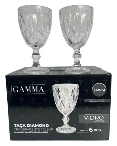 Jogo 6 Taças Vidro Copo Diamante 340ml Transparente Gamma