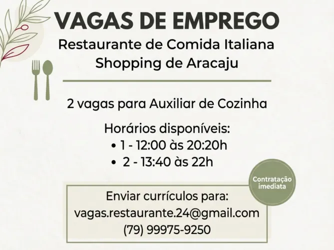 Contratamos Auxiliar de cozinha 