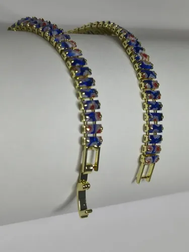 Pulseira riviera folheada a ouro 18k com zirconias estilo porcelana azul 18cm