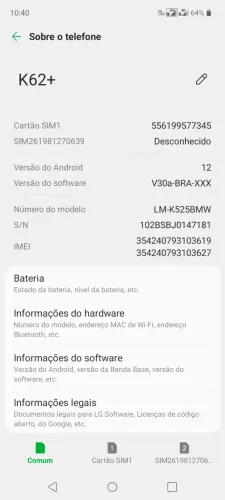 Celular LG 62 + perfeito 128g