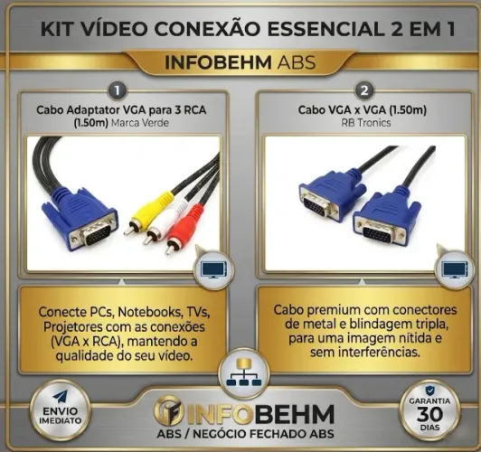 Kit Conexão Vídeo: Cabo VGA 1.5m + Cabo Adaptador VGA para 3 RCA