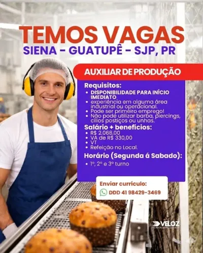 DIVERSAS VAGAS PARA AUXILIAR DE PRODUÇÃO NA EMPRESA SIENA