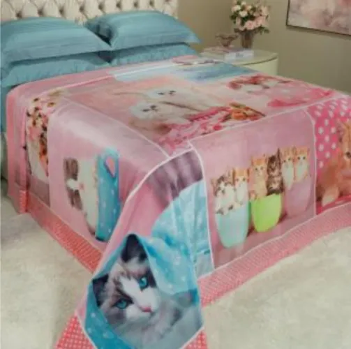 Cobertor queen flanelado c/ estampa gatinhos ROSA POÁ