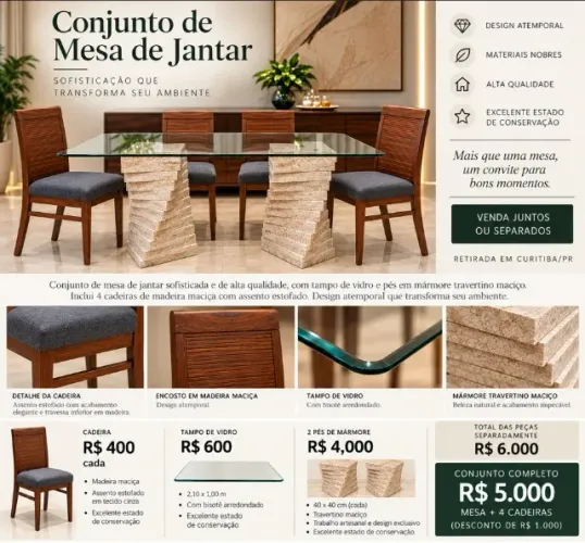 Mesa de Jantar em Travertino Maciço + Vidro e 4 Cadeiras em Madeira (Semi-novo)