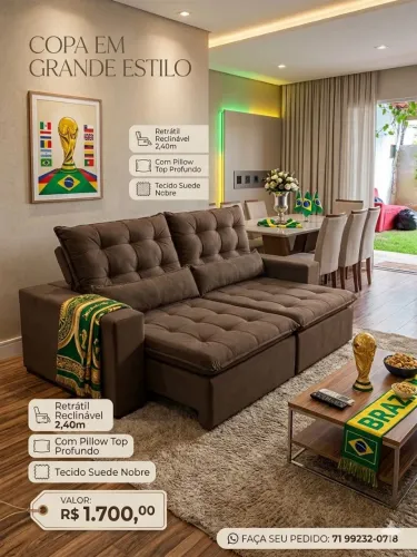 SOFÁ RETRÁTIL RECLINÁVEL 2.40 COM PILLOW TOP 