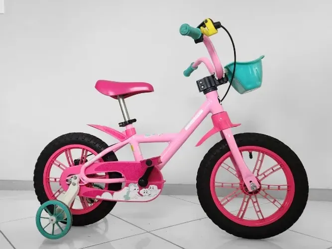Bicicleta Infantil Nathor Aro 14 Rosa com Rodinhas e Cestinha