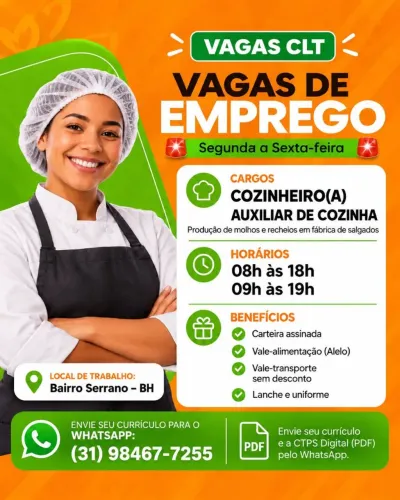 Vagas Cozinheira e Auxiliar de cozinha