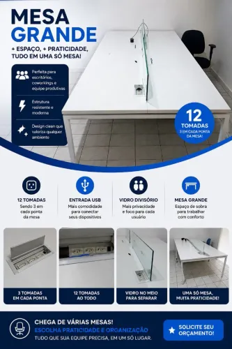 VENDE SE MESA GRANDE + TOMADAS EMBUTIDAS NA MESA + VIDRO DE SEPARAÇÃO CENTRAL.