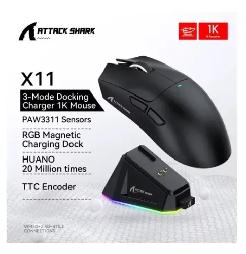 Mouse Gamer Attack Shark X11 PRETO Tri Mode com Dock Carregamento. Entrego Gratis