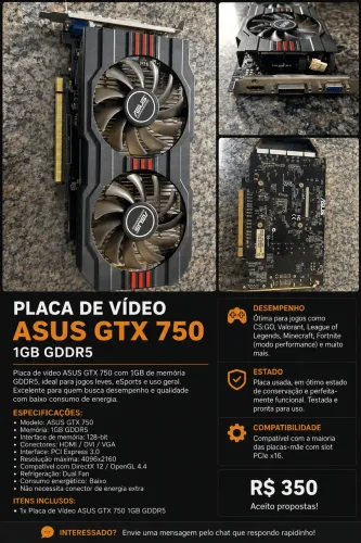 Placa de Vídeo ASUS GTX 750 1GB GDDR5 - Testada e Funcionando 100%