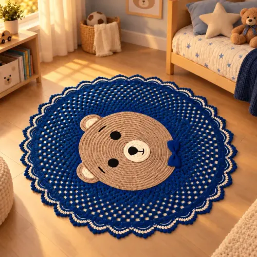 Tapete de Crochê Urso 1,30m Feito à Mão - Tapete Artesanal p/ Quarto Infantil e Decoração