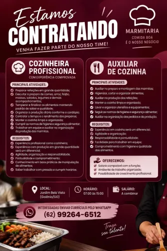 Vagas de Emprego: Cozinheira Profissional e Auxiliar de Cozinha - Marmitaria