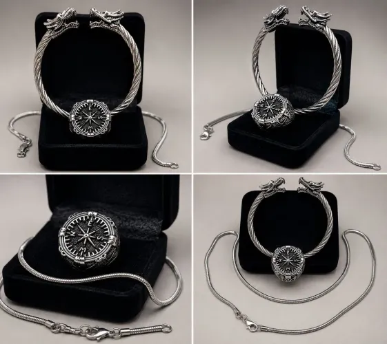 Anel bússola Nórdica + Bracelete Draco + Cordão Sirius