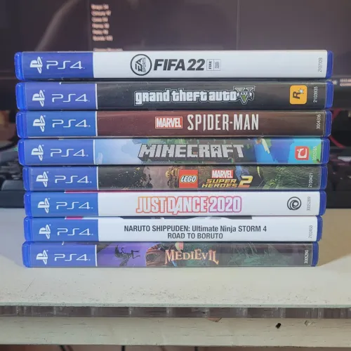 Lote 9 jogos PS4 - GTA 5 Spider Man FIFA Minecraft Naruto Storm 4 Just Dance Lego Marvel 