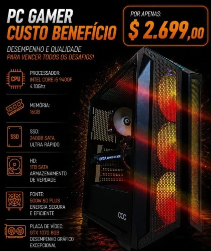 PC Gamer Core i5 9400F 4.1Ghz / Mem 16Gb / SSD 240Gb+HD 1Tb / GTX 1070 8Gb (aceito cartão)