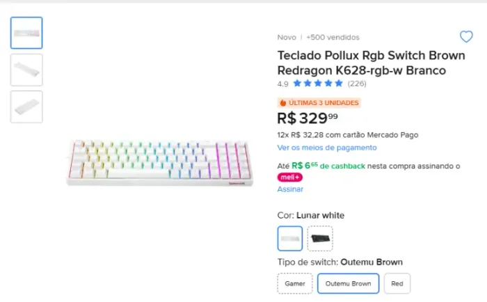 Teclado Mecânico Redragon Pollux K628 Branco Switch Brown RGB c/ NF