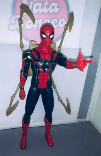 Boneco homem aranha azul dourado com dispositivo power fx usado 30 cm 