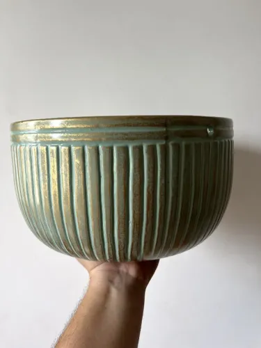Vaso De Cerâmica (G) Verde Dourada Listrada