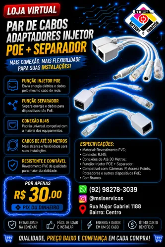 Par de Cabos Adaptadores Injetor POE + Separador - Alimentação e Dados no Mesmo Cabo!