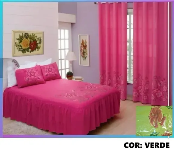 Kit Quarto Casal Gabi Colcha Fronhas e Cortina Oxford Verde - Novo