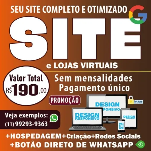 WEB SITE PRÓPRIO INTEGRADO GOOGLE IA E WHATSAPP TOUCH, COMPLETO E SEM MENSALIDADES!