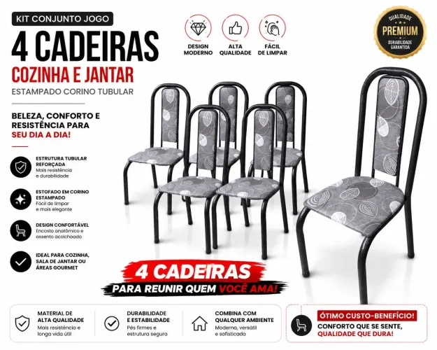 Cadeira Kit Conjunto Jogo 4 Cadeiras Cozinha Jantar Estampado Corino Tubular