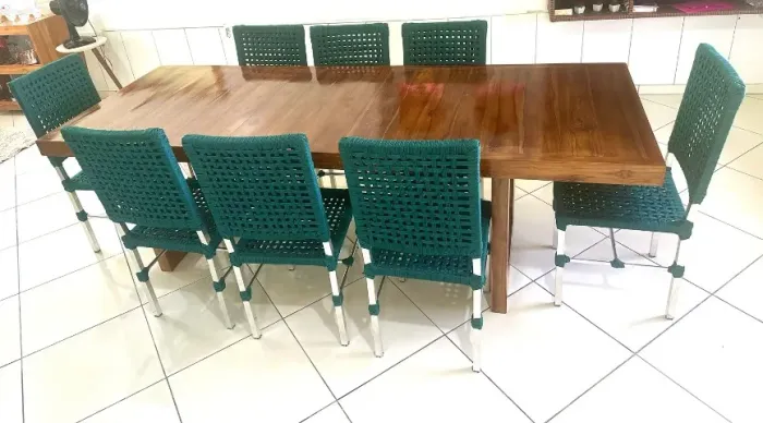 MESA MADEIRA TECA + 8 POLTRONAS EM ALUMINIO