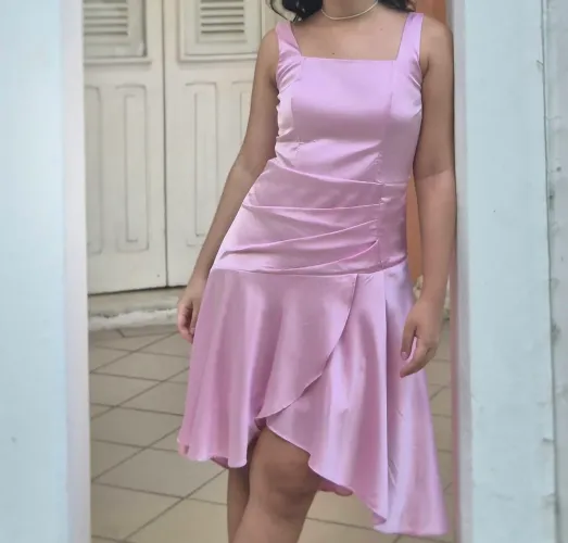Vestido Festa de Cetim Rosa P 36/38