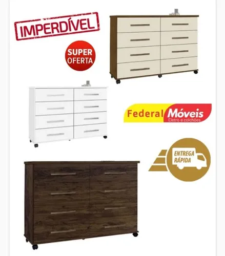 Cômoda 8 gavetas com rodízios jade - nova de fábrica - temos crediário - frete grátis 