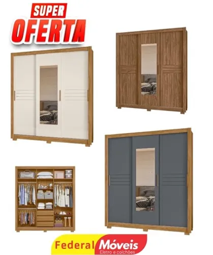 Guarda roupa casal 3 portas com espelho Canadá