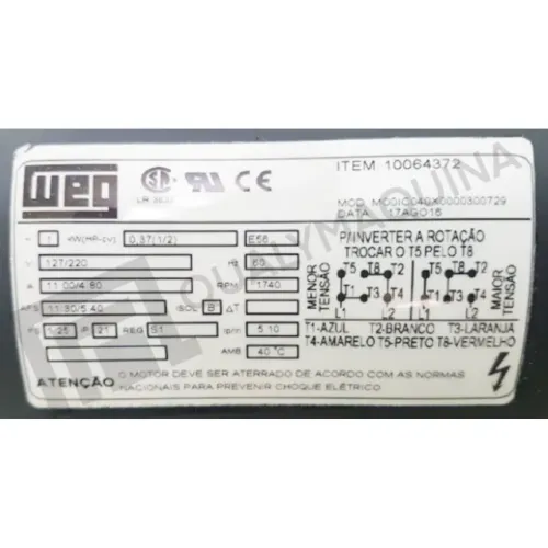 Motor elétrico Weg monofásico 0,5 cv 4 pólos (Baixa rotação 1750 rpm)