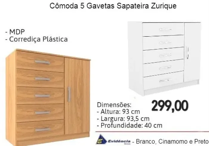 Cômoda 5 gavetas Sapateira Zurique