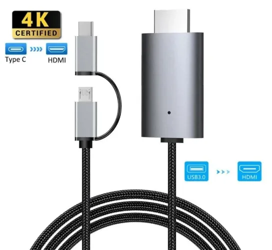 Cabo para Espelhamento de Smartphones Android HDMI Micro USB Tipo C