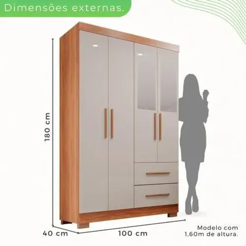 Guarda-roupa Solteiro 4 Portas com Espelho 2 Gavetas Estrela Premium